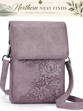 Small Crossbody Phone Bag Vegan Leather Embossed Flower Wallet Purse